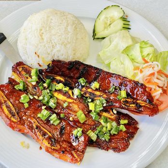 Grilled Marinated Short Ribs with Rice and Salad